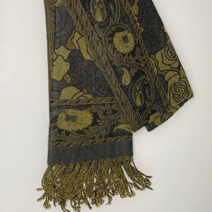 Blue, Green, & Black Rose Print Scarf w Tassels